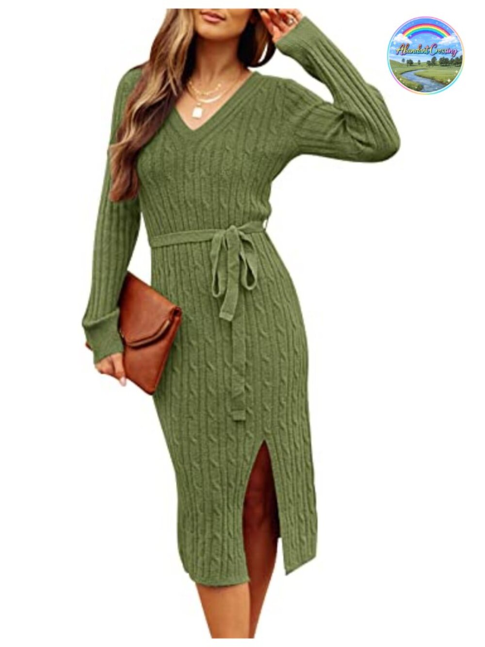 Women's Long Sleeve V Neck Cable Knit Midi Sweater Dress Bodycon Belted